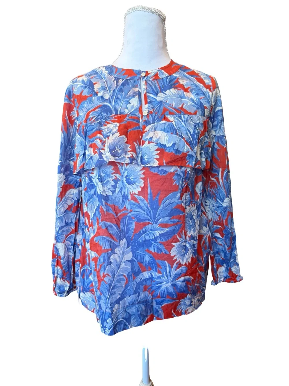 J.Crew Tropical Floral Ruffle Blouse XS 100% Cotton Red Blue Lightweight Boho